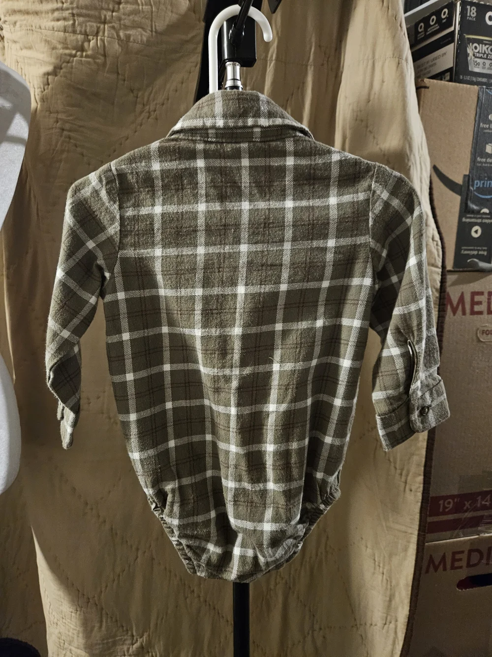 Carter’s Child of Mine Baby Boy 12M Olive Plaid Flannel Button-Up Bodysuit
